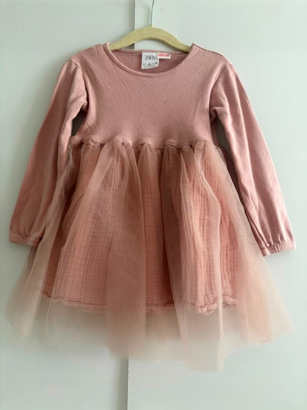 Zara Girls' Blush Pink Pointelle Heart Tulle Dress | size 3 years